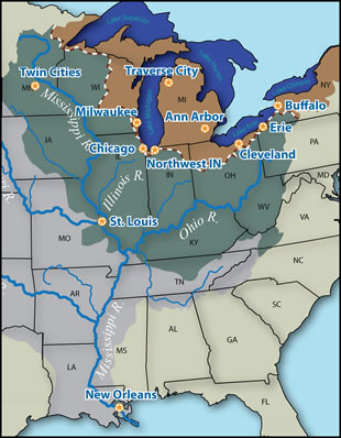 Map of meeting locations: Chicago, Milwaukee, Cleveland, Ann Arbor, Traverse City, Erie, Twin Cities, St. Louis, New Orleans, Northwest IN, Buffalo